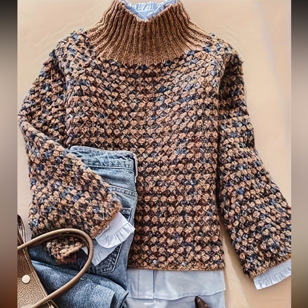 Chunky Knit Mock Neck Sweater - Brown Multi